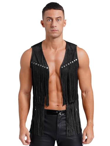 Hedmy Men Cowboy Western Suede Leather Sleeveless Vest Jacket Fringe Gothic Steampunk Waistcoat Coat