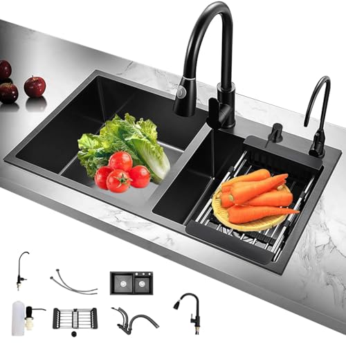 LETTURE Fregadero De Cocina, Fregadero de Cocina de Doble Tazón con Grifos y Escurridor de Platos, Fregadero de acero Inoxidable con Dispensador de Jabón, para Cocina, Bar,...