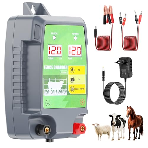 12KM Clôture Électrique pour Bétail Animaux, 12kV 3.0J Tension de Sortie Électrificateur Clôture Électrique avec Affichage LED, Protection pour Chevaux Moutons...
