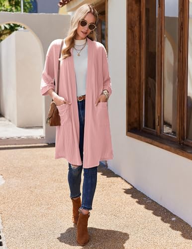 Image of Ekouaer Waffle Robes for Women Bathrobe Lightweight Knee Length 3 /4 Sleeve Knit Bath Robes Female Loungewear with Pockets