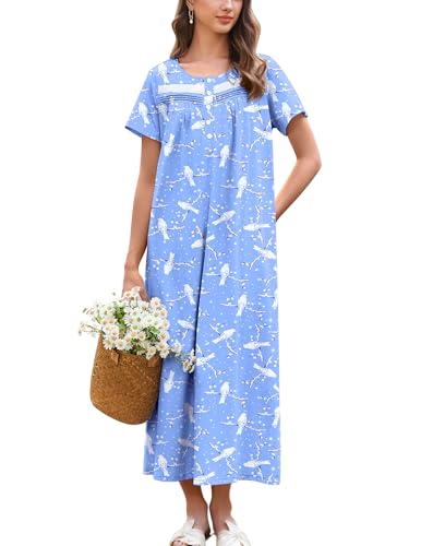 Image of Ekouaer Nightgown for Women Cotton Long Night Gown Short Sleeve Nightdress with Pockets Button Sleepshirt Soft Sleepwear