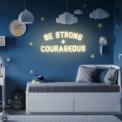 Image of Be Strong and Courageous Neon Sign Dimmable Neon Signs for Wall Decor Positive Affirmations LED Signs USB Light Up Sign for Boy Girl Room Playroom Nursery Wall Decor Bedroom Christian Wall Art