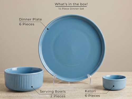 Image of Bodhi House 14-Piece Ribbed Porcelain Dinner Set for 6 | 6 Dinner Plates, 6 Katori & 2 Serving Bowls, Lightweight Microwave & Dishwasher Safe Set for Home & Gifting, True Blue