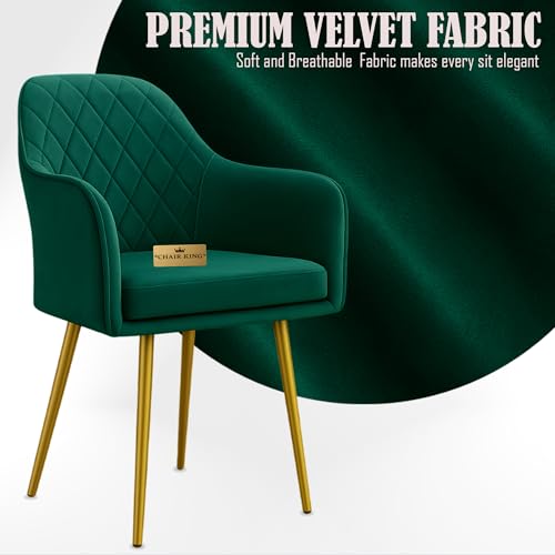Image of Barfi Velvet Dining Chair | Set of 2 Premium Modern Upholstered Accent Chair with Armrest, Padded Seat and Metal Legs | Comfy Chair for Home, Office & Restaurents | (Green with Puffy)