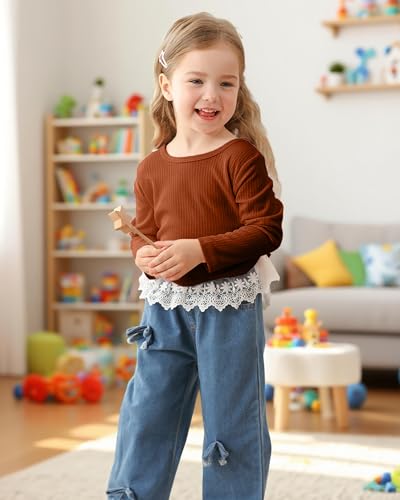 Image of Kucnuzki Toddler Baby Girl Clothes Long sleeve Fall Winter Shirt Tops Baggy Jeans Pants Set Kids Girls Outfits 2 Piece