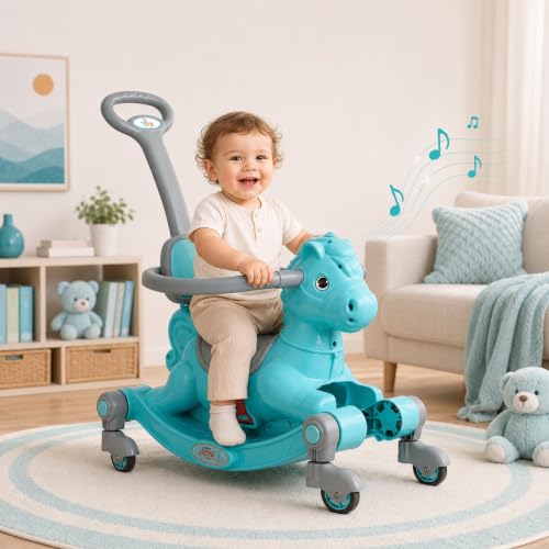Image of 3 in 1 Baby Horse Rider for Kids 1-5 Years with Parent Handle, Rocking Horse, Ride On Toy, 360 Safety Guard, Music, Swivel Wheels, Backrest, Baby Ride On for Boys & Girls (Cyan)