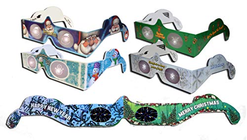 Dijkoo 3D Christmas Glasses - Holiday Eyes (R) Christmas Glasses 5 Pair Variety Pack - See Santa, Snowman, Reindeer, Snowflake and 1 Christmas/New Years Fireworks Glasses - All Folded - Ready to wear