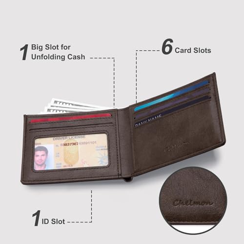Image of Chelmon Slim Wallet for Men ID Window with RFID Blocking Front Pocket Minimalist Bifold Bussiness Card Holder Gift for Men