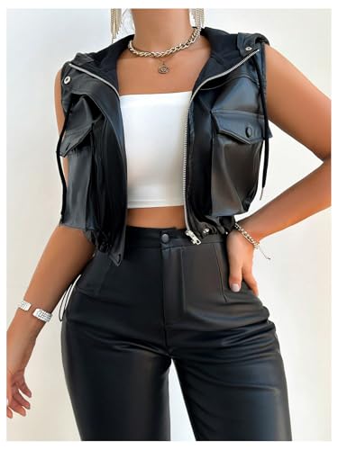 Verdusa Women's PU Leather Zip Up Cropped Vest Sleeveless Hooded Jacket with Pockets3
