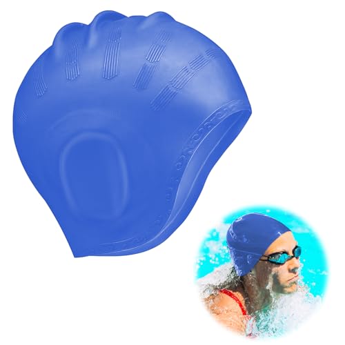Gorro Piscina Protecion de Oido 3D, Gorro Natación Silicona Impermeable para Mujer Hombre Adultos y Niños, Gorro Baño Látex Profesional para Nadadores, Gorro de Baño para Pelo Corto y Largo (Azul)