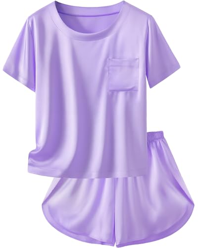 Petite&Me Silk Girls Pajamas Soft T-Shirt Flowy Shorts Flora Party Sleepwear Set for Kids/Teens
