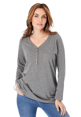 Roaman's Women's Plus Size Ultimate Long Sleeve Henley Tee with Sweetheart Neck - 4X, Medium Heather Grey
