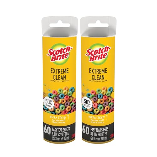 Image of Scotch-Brite Extreme Clean Large Surface Lint Roller Refills, 8 in x 29.8 ft, 50% Stickier, 60 Easy Tear Sheets Each, 2 Pack (120 Sheets Total)