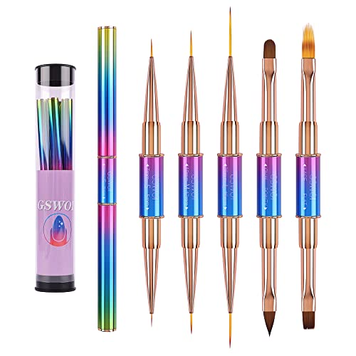 GSWOI Acrylic Nail Art Brushes Set(5pcs Double-Ended), Nail Brushes for Nail Art Round Oval Gel Builder Brush Nail Art Tools Nail Liner Brush,Nail Design Brush Ombre Brush 3D Brush Kits for Gel Polish Painting Acrylic Nail Drawing Pens