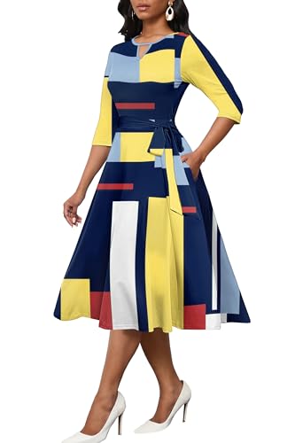 CLOCOR Midi Dresses for Women Casual A-Line Fit and Flare Dress Crewneck 3/4 Sleeve Keyhole Cocktail Party Church Dress