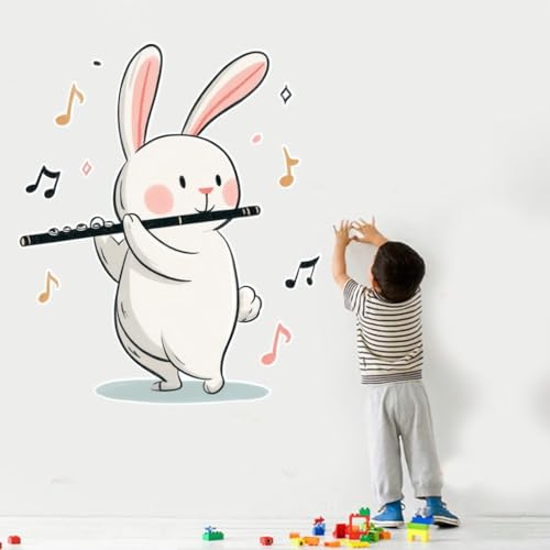 Image of Cute Bunny Playing Flute Wall Sticker | Cartoon Rabbit Self Adhesive Wall Decal for Kids Room, Nursery, Bedroom & Playroom Decoration