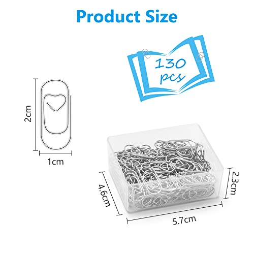 Vicloon Kleine Büroklammern, herzförmige Büroklammern, Metall, Lesezeichen-Clips, kleines Lesezeichen für Schule, Büro, Dokumente, Organisation, 130 Stück (Silber)