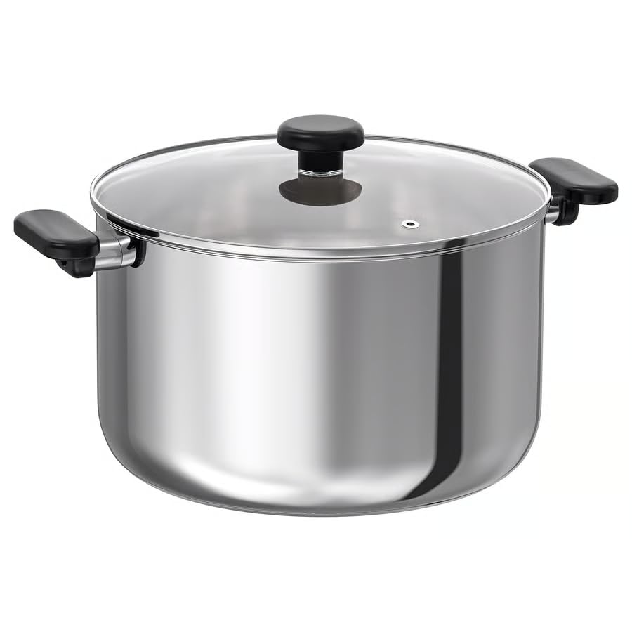 Image of MIDDAGSMAT Stainless Steel Pot with Glass Lid, 10 L, Induction Compatible, Dishwasher-Safe, Steam Vent, Stackable Design, Fast Heating Base