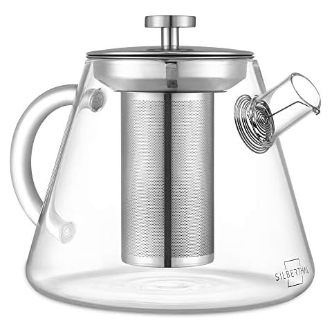 SILBERTHAL Glass Teapot with Infuser - 1.5L - Perfect for Loose Leaf Tea & Herbal Infusion - Fine Mesh Stainless Steel Strainer Cover