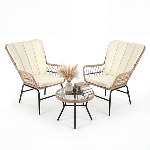 GIANTEX Ensemble Salon de Jardin Exterieur 3 Pièces en Rotin Bohème, 2 Fauteuils de Jardin en Coussins Beiges Amovibles, Table Basse en Plateau à Verre,...