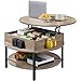Yaheetech Round Lift Top Coffee Table with Hidden Compartment & Storage Shelf, 31'' Farmhouse Coffee Table Center Tables, 2-Tier Small Round Dining Table for Living Room Reception Room, Gray