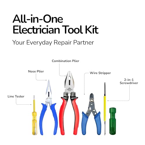 Image of 5-in-1 Hand Tool Kit - Combination Plier, Wire Stripper, Nose Plier, Line Tester & 2-in-1 Screwdriver Set for Electricians & Home Use (Multicolor)