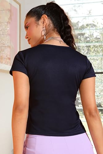 Image of POPWINGS Casual Solid V-Neck Short Sleeves Tops for Women || Stylish Western Summer Wear Top for Women || Trendy Women Tops for Regular Wear