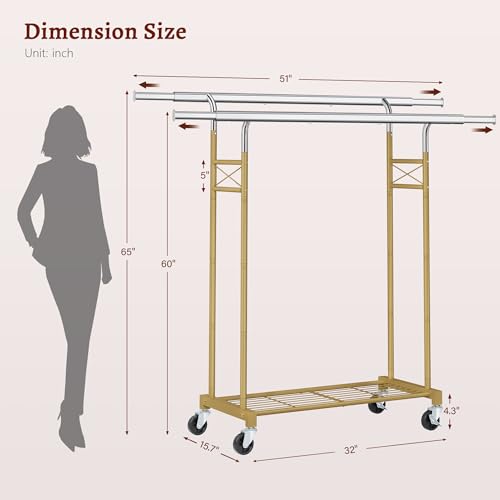 Porte-vêtements double barres extensible et mobile 129cm doré