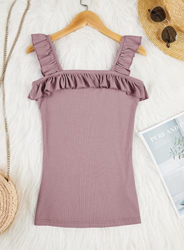 Womens Cute Sleeveless Tank Tops Ruffle Strap Square Neck Blouse Solid Color Knitted Camisole (Pink, Small) #TOP4