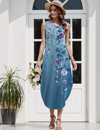 Image of Zeagoo Women Floral Summer Casual Beach Printed Tank Dress with Pockets Pleated Front Long Dress