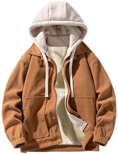 Image of PEGENO Men's Fleece Lined Corduroy Full Zip Hooded Jacket Button Down Winter Outdoor Coat