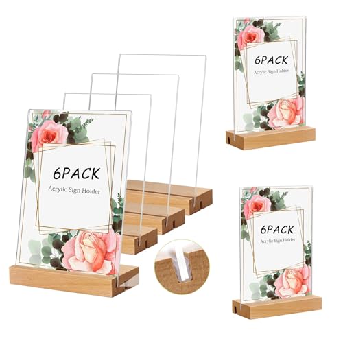 Taicols 6 unidades de expositores de mesa A6, acrílico doble ranura para tarjetas, soporte de mesa con base de madera, etiquetas de precio, soporte para tarjetas de menú, formato vertical, soporte de
