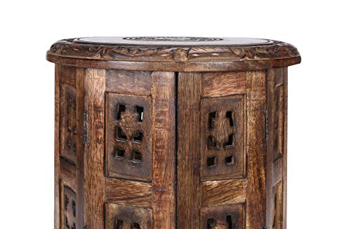 Solid Wood Hand Carved Accent Table, Side Table, Entryway Table, Wooden End Table, Bedside Table, Octagonal Wooden Table - 12 Inch Round Top x 12 Inch High - Burnt