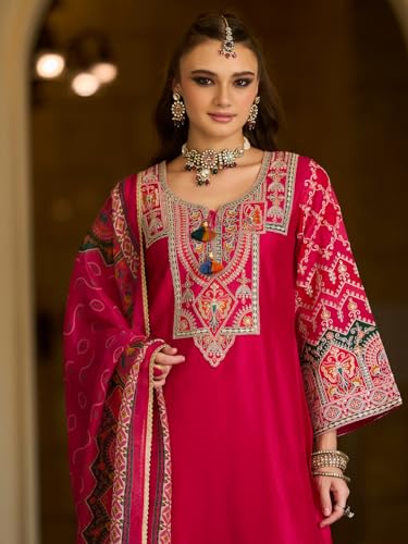 Image of INDO ERA Women's Silk Blend Ethnic Motifs Embroidered Straight Kurta & Pant with Dupatta Set (IEOUT12101)