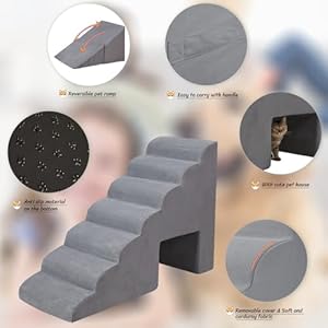  7-Tiers-Extra-Wide-Dog-Stairs-33-inches-High-for-High-Beds-Multi-Purpose-3-in-1-Foam-Dog-Steps-for-Small-Dogs-Portable-Pet-Stairs-with-Handle-for-Bed-Non-Slip-Bottom-Dog-Ramps-Grey