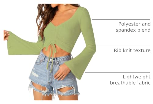 Image of SweatyRocks Women's Adjustable Drawstring String Long Bell Sleeve Rib Knit Sexy Crop Top Light Green M