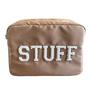 SkyTen Chenille Letter Make Up Bag Nylon Cosmetic Case Stuff Glam Stoney Clover Dupe Travel Organizer (Camel, X-Large)