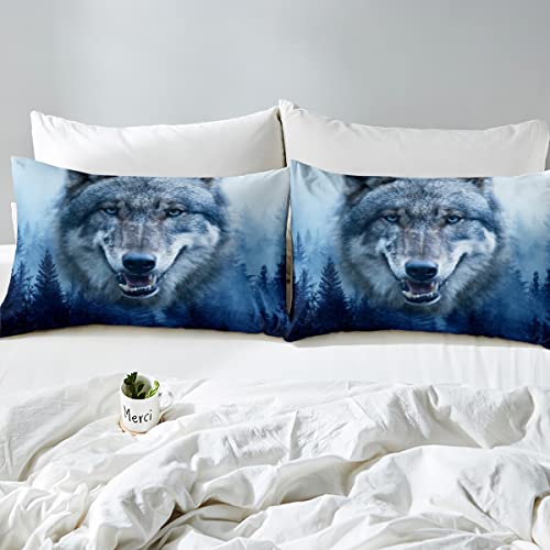 Homewish Wolf Fitted Sheet Fog Tree And Wolf Print Bedding Set 2Pcs With 1 Pillowcases Wild Animal Theme Fitted Sheet Set For Kids Boys Microfiber Bedding All-Round Elastic Pocket ,Twin Size #TOP3