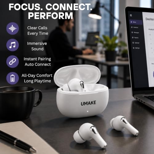 Image of Umake True Wireless Earbuds Bluetooth 5.4, Deep Bass Stereo Sound, ENC Noise Reduction Mic, Touch Controls, Fast Charging Case, IPX5 Water Resistant, TWS Earbuds for Android - White