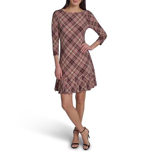 Image of Tommy Hilfiger Women's 3 /4 Sleeve High Neck Ruffle Trim Jersey Mini Dress