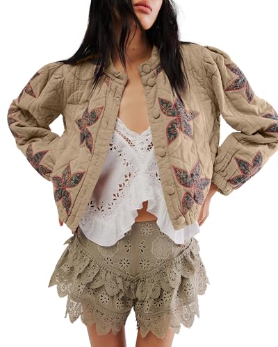 Locachy Women's Casual Cropped Puffer Jacket Lightweight Flower Embroidery Winter Warm Quilted Jacket Coat with Pockets2