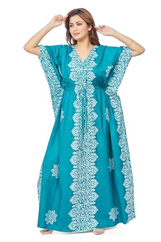 Image of THEKAFTANSHOP Women's Cotton Hand Dyed Batik Kaftan Nighty With Drawstring Waist | V-Neck Printed Free Size Relaxed Fit Casual Sleepwear Loungewear Nightwear Kaftan Dress Gift (Green Motif)