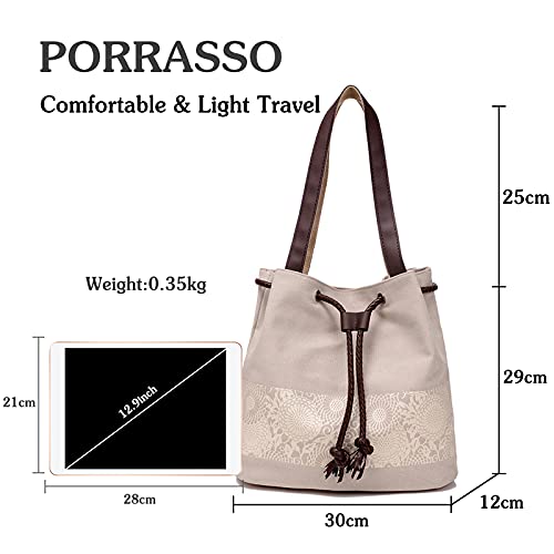 Image of Women Shoulder Bag Canvas Tote Bag Retro Drawstring Bucket Bag Ladies