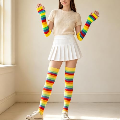 Image of YELAIVP Over Knee Rainbow Thigh High Socks Gloves Set Cosplay Accessories Arm Leg Warmers for Girls