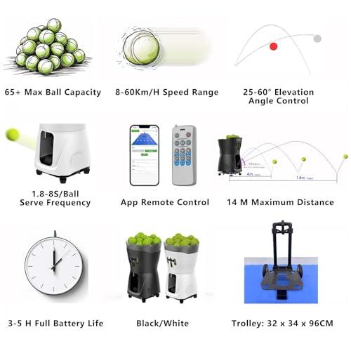 vnmudzeo Cordless Lightweight Tennis Ball Machine,Speed/Spin/Frequency Adjusted,65+ Capacity Tennis Ball Training Machine,for Kids Beginners,Black