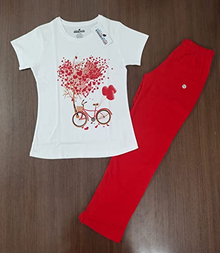 Image of Rabbittospotty Cotton Hosiery Cartoon Printed Night Suits for Girls (9-16 Years) Red White Navyblue Pink and Greenwhite