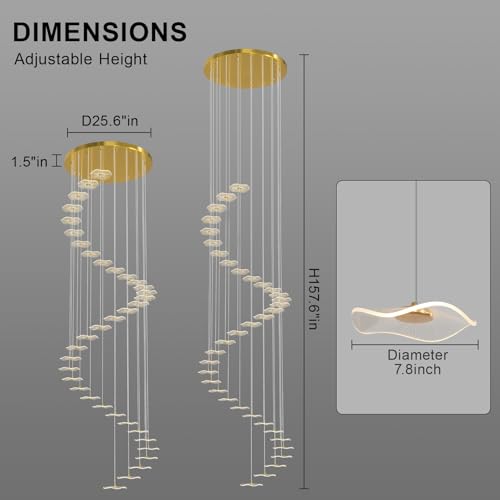 Image of ziidoo High Ceiling Chandelier - 38-Light Dimmable Modern Gold Long Spiral Luxury Linear Lotus Leaf Led Lamp Hanging Pendant Lights for Foyer Enterway Staircase Villas