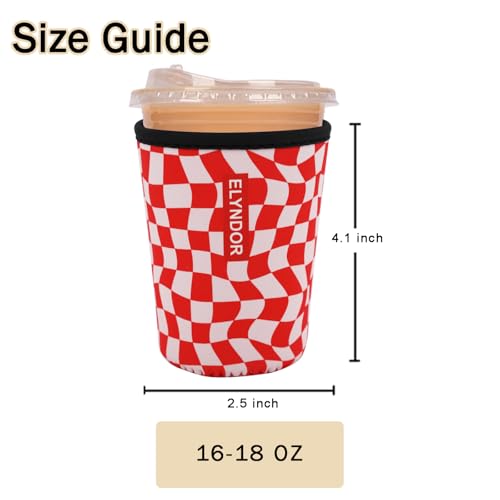 Image of Reusable Insulated Sleeve for Iced Coffee Cup, Coffee Neoprene Sleeve for Cold & Hot Drinks, Beverage Holder for Iced Coffee (Red Wavy Checker, Small: 16-18oz)
