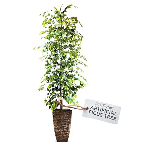 LCG Florals 8 ft Ficus Tree with Real-Wood Trunk in Copper Metal Pot - Indoor and Outdoor Faux Plants for Patio, Living Rooms, Offices & Outdoor Spaces