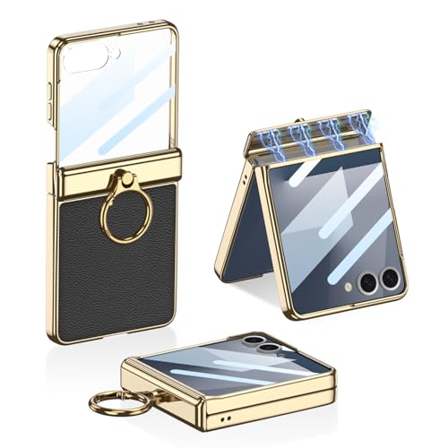 Image of Midkart Magnetic Leather Cover Compatible with Samsung Galaxy Z Flip 7 Release 2025 Hinge Protection Case Ring Holder Kickstand Electroplated with Front Glass and Camera Protection, Black